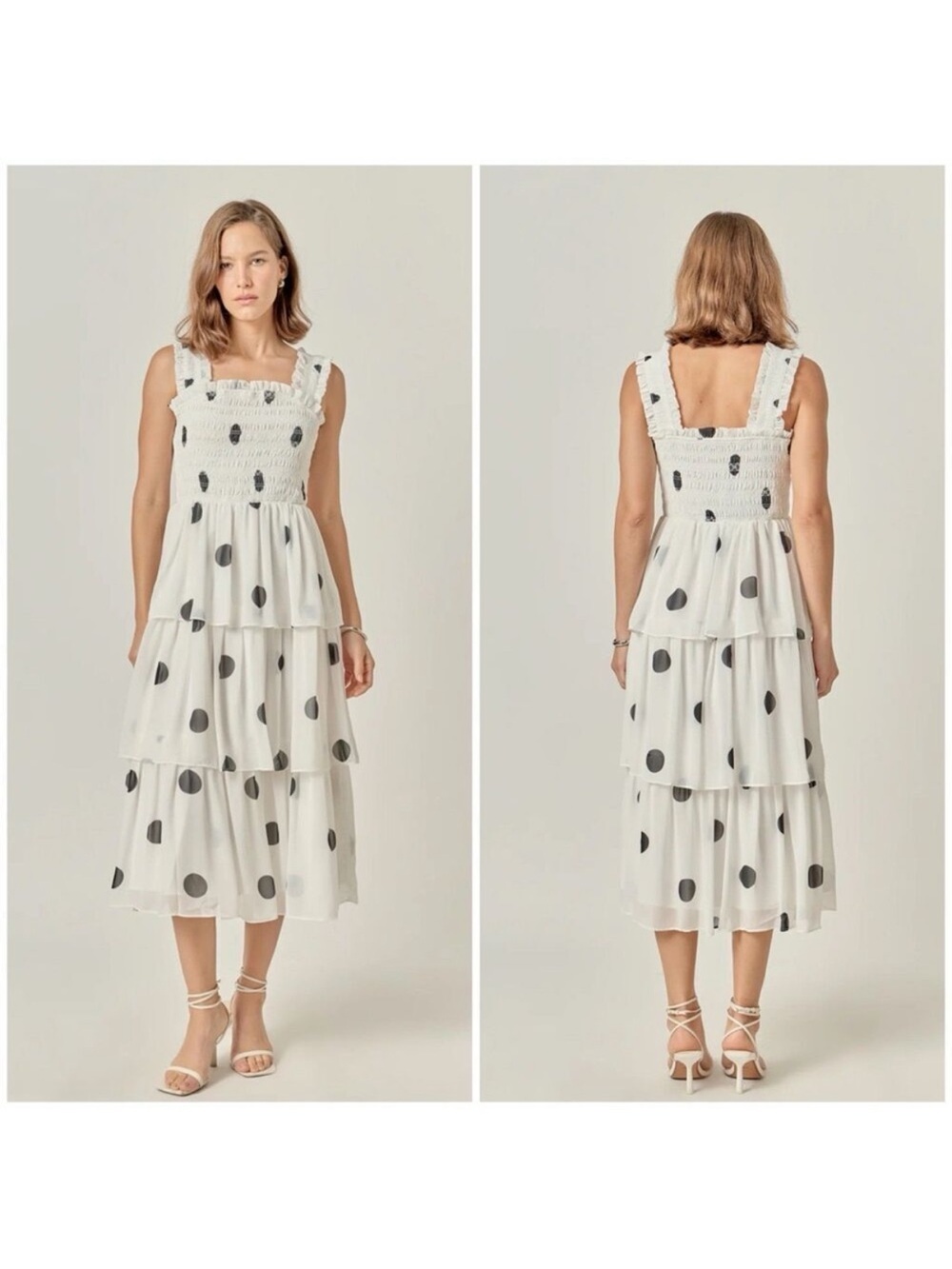 English Factory White & Black Polka-Dot Tiered Midi Dress Smocked Size Small